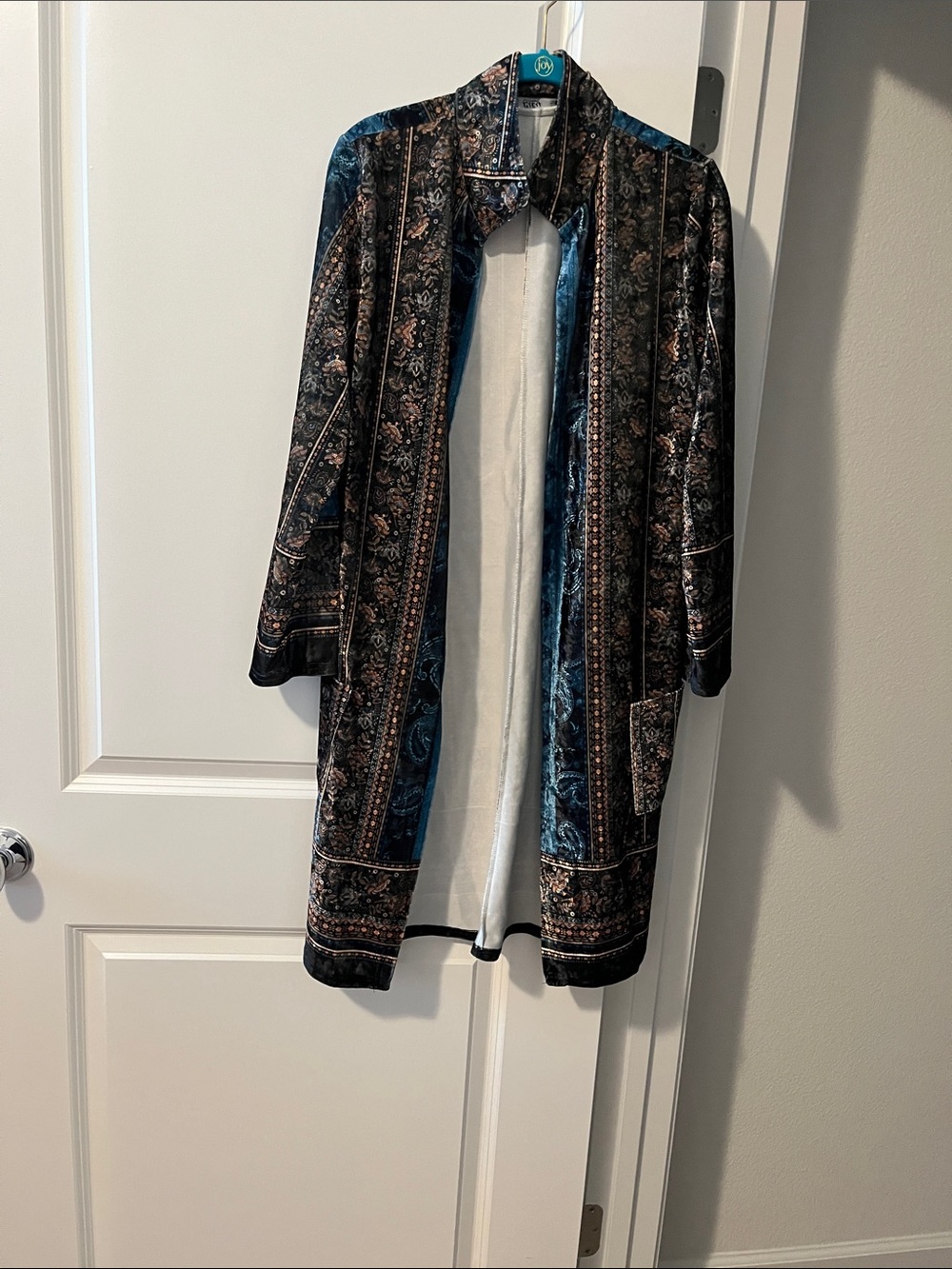 Lily Velvet Paisley Long Trench Coat in Deep Blue and Black